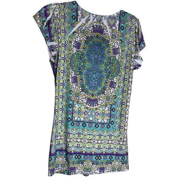 APT. 9 Boho Paisley Print Short Sleeve Tunic Top Green Blue Size Small - Picture 2 of 10